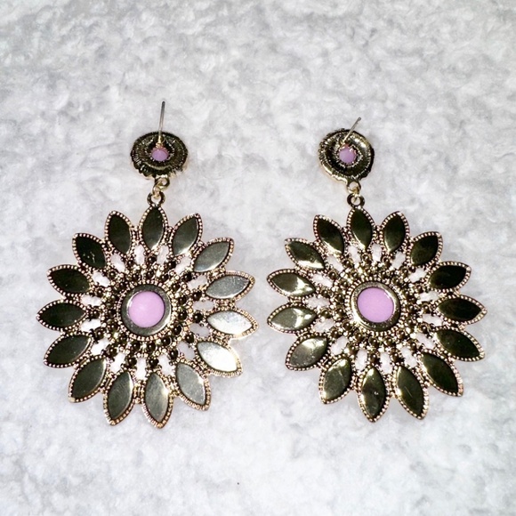 Purple Rhinestone & Gold-toned Flower Statement Drop Earrings - Picture 3 of 3